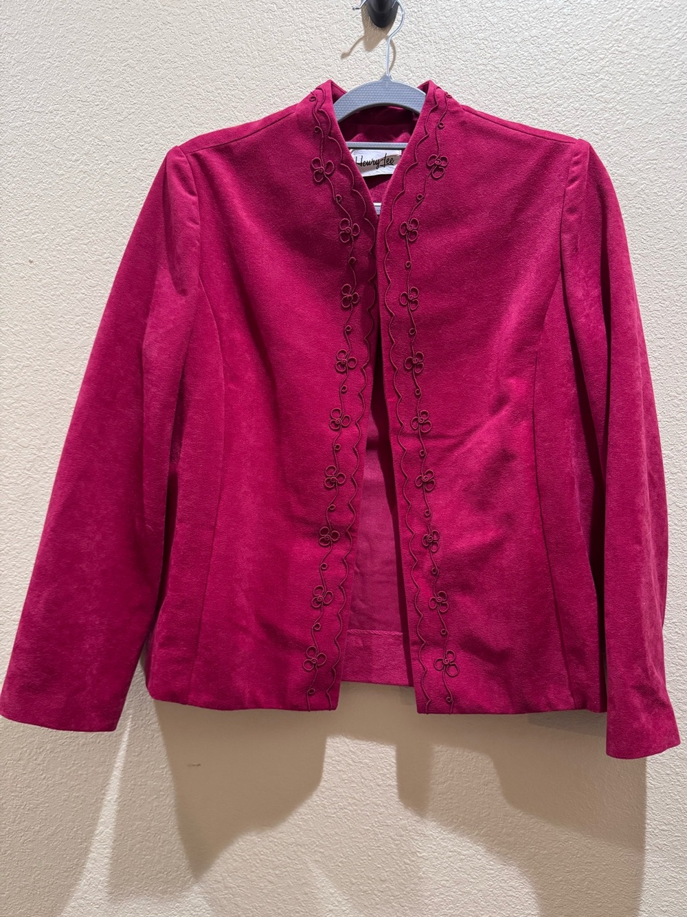 Vintage 80s Henry Lee Burgundy Embroidered Open Front Blazer Size 14 USA